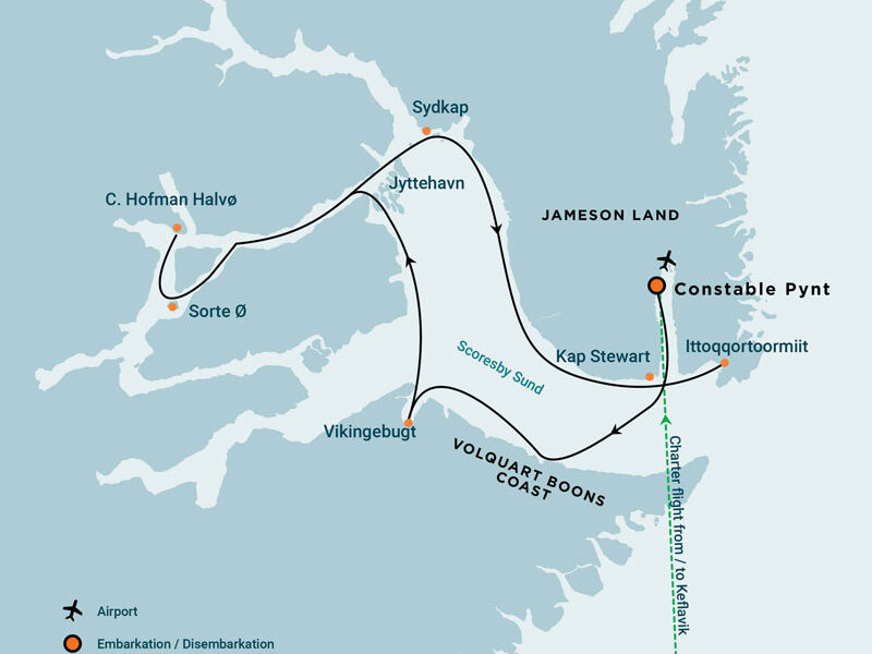 Route map of Scoresby Sund Aurora Borealis Fly Round-Trip east Greenland voyage itineraries, operating round-trip from Keflavik, Iceland, with visits to Constable Pynt, Ittoqqortoomiit, Sydkap & more.