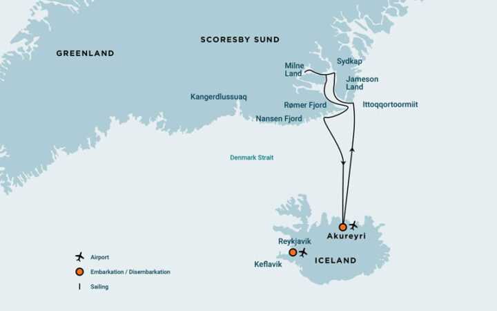 Route map of Scoresby Sund Aurora Borealis voyage, operating round-trip from Aukureyri, Iceland, with visits along southern Greenland.