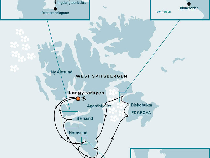Route map of East Spitsbergen - Home of the Polar Bear cruise round-trip from Longyearbyen, Svalbard, with visits along the southern shores & Diskobukta.