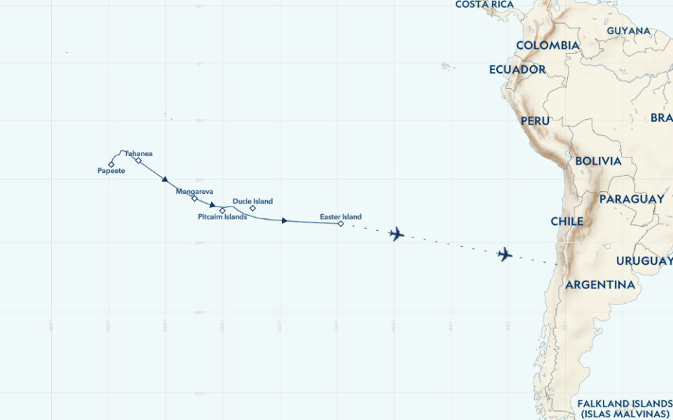 Route map of Tales of the Pacific: Easter Island to Tahiti Chile small ship cruise, operating from Santiago, Chile to Easter Island and ending in Papeete, Tahiti, with visits to the Pitcairn Islands, Mangareva, French Polynesia and the Tuamotu Archipelago.