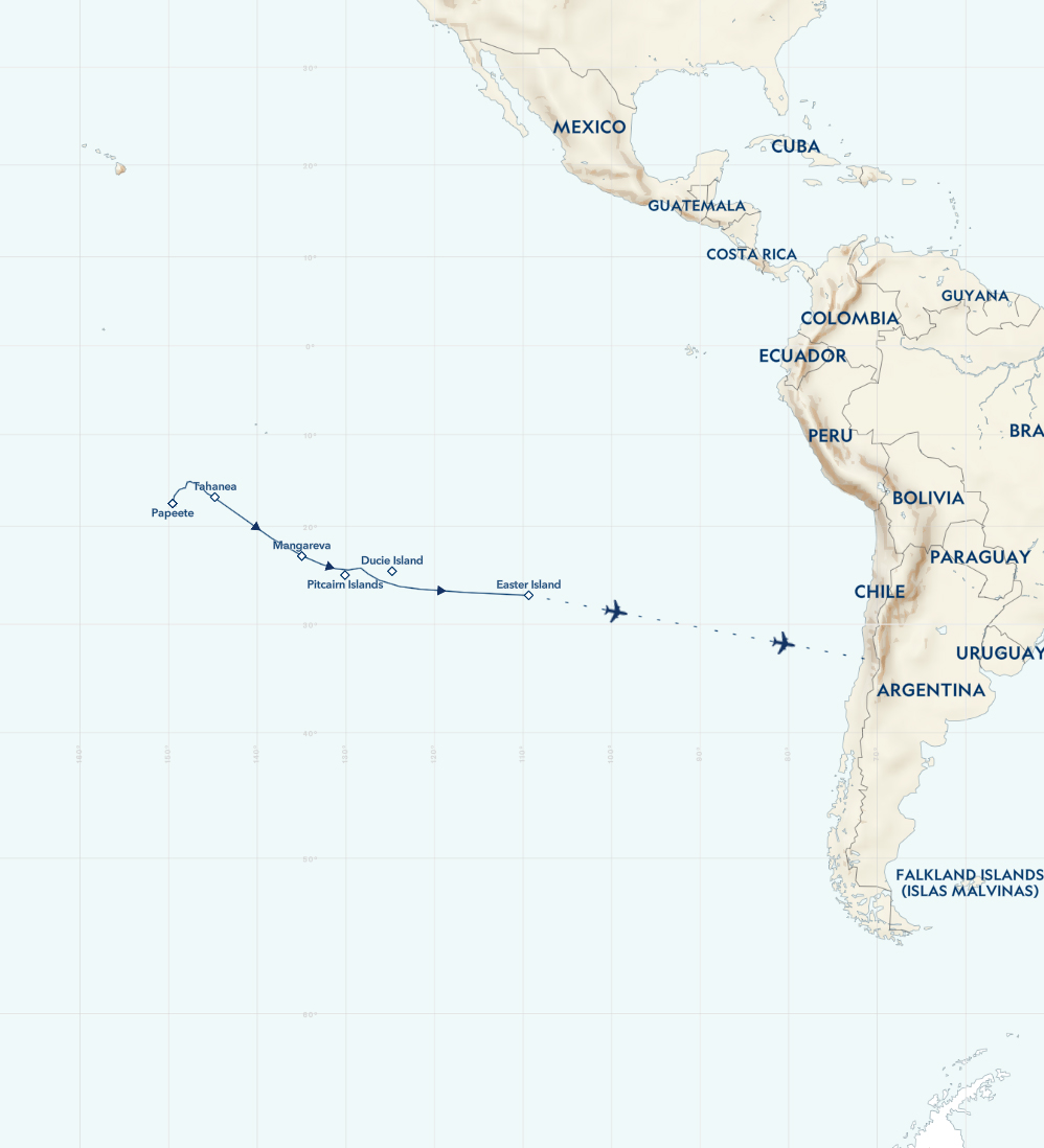Route map of Tales of the Pacific: Easter Island to Tahiti Chile small ship cruise, operating from Santiago, Chile to Easter Island and ending in Papeete, Tahiti, with visits to the Pitcairn Islands, Mangareva, French Polynesia and the Tuamotu Archipelago.