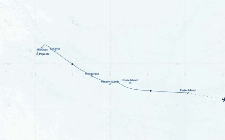 Route map of Tales of the Pacific: Easter Island to Tahiti Chile small ship cruise, operating from Santiago, Chile to Easter Island and ending in Papeete, Tahiti, with visits to the Pitcairn Islands, Mangareva, French Polynesia and the Tuamotu Archipelago.