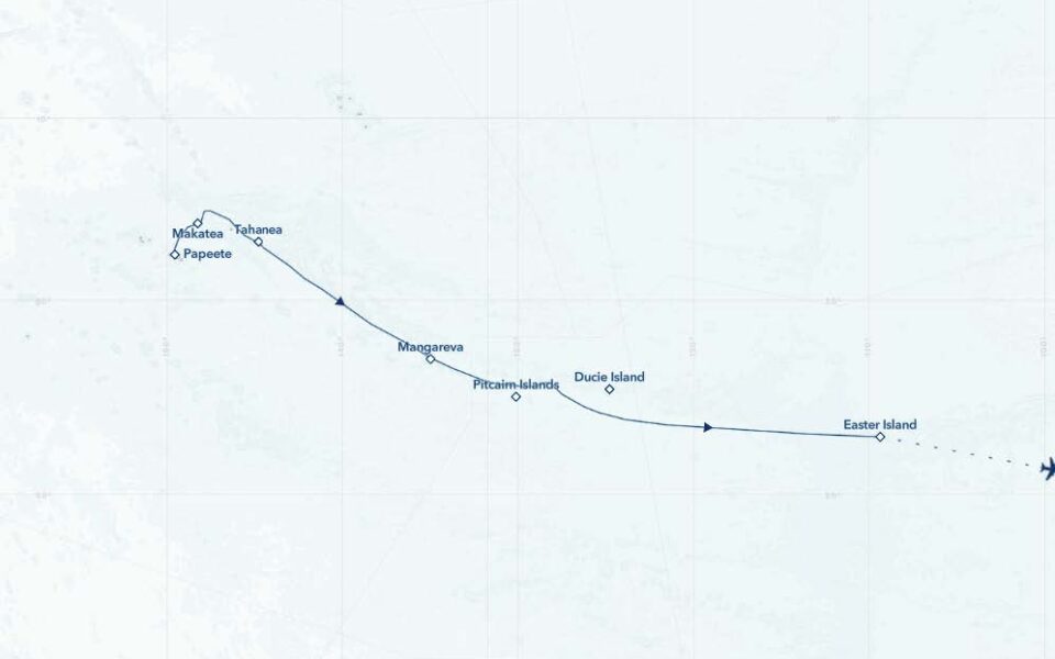 Route map of Tales of the Pacific: Easter Island to Tahiti Chile small ship cruise, operating from Santiago, Chile to Easter Island and ending in Papeete, Tahiti, with visits to the Pitcairn Islands, Mangareva, French Polynesia and the Tuamotu Archipelago.
