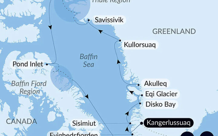 Route map of Expedition to The Thule Region cruise, operating round-trip from Kangerlussuaq, Greenland, with bookend flights connecting Paris, France.