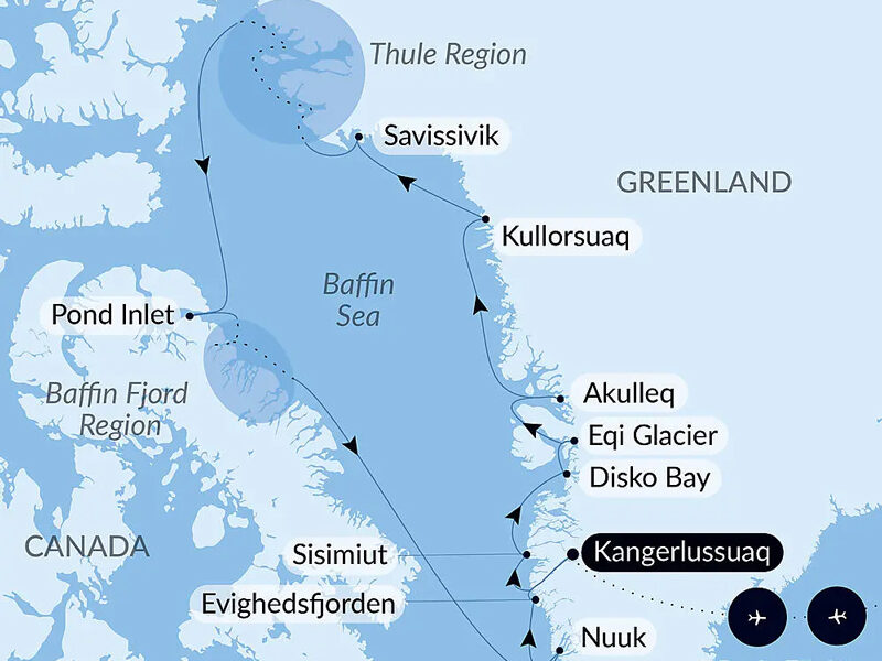 Route map of Expedition to The Thule Region cruise, operating round-trip from Kangerlussuaq, Greenland, with bookend flights connecting Paris, France.