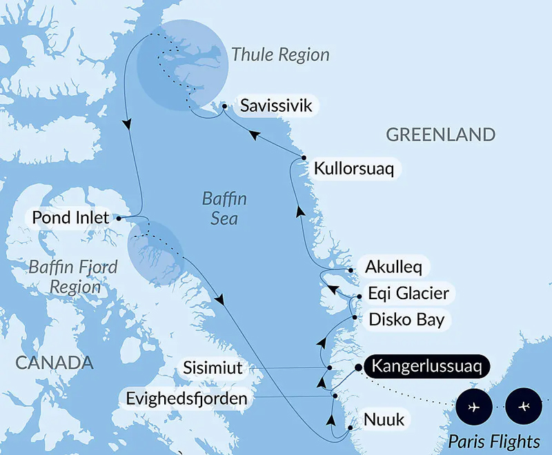 Route map of Expedition to The Thule Region cruise, operating round-trip from Kangerlussuaq, Greenland, with bookend flights connecting Paris, France.