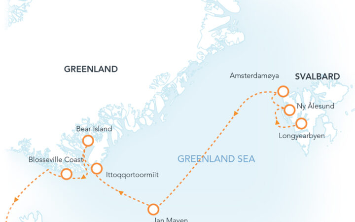 Route map of Four Arctic Islands cruise from Longyearbyen, Svalbard to Reykjavik, Iceland via Jan Mayen & East Greenland.