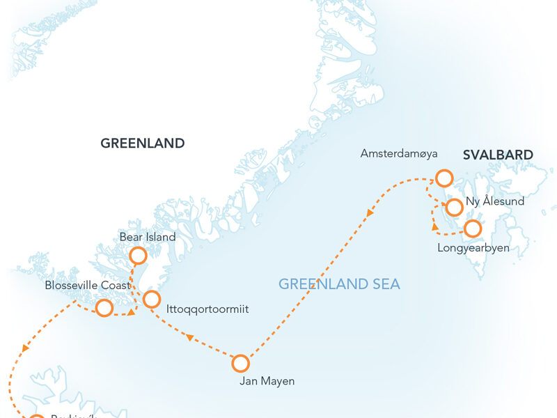 Route map of Four Arctic Islands cruise from Longyearbyen, Svalbard to Reykjavik, Iceland via Jan Mayen & East Greenland.