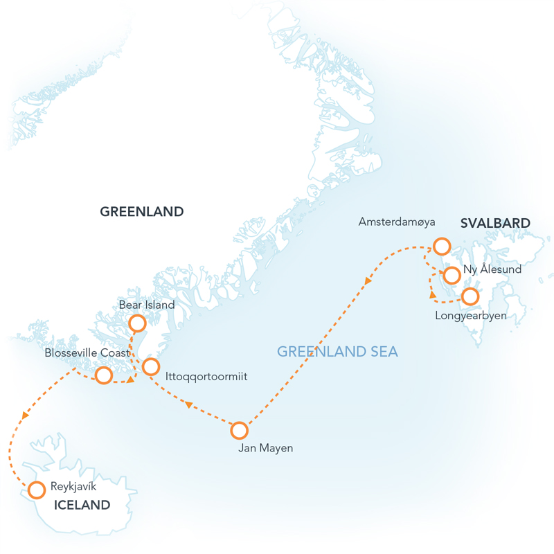 Route map of Four Arctic Islands cruise from Longyearbyen, Svalbard to Reykjavik, Iceland via Jan Mayen & East Greenland.