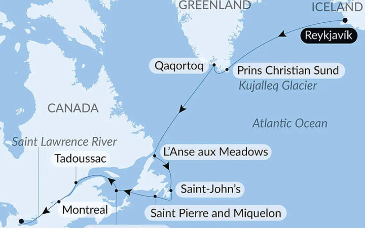 Route map of Exploration from Greenland to Canada via Saint Pierre & Miquelon cruise, from Reykjavik, Iceland to Toronto, Canada.