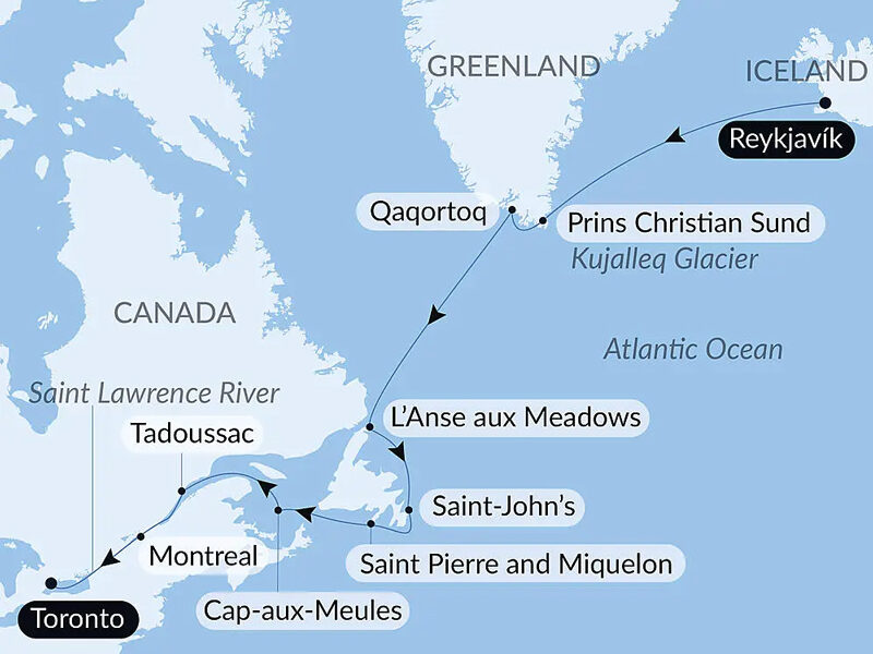 Route map of Exploration from Greenland to Canada via Saint Pierre & Miquelon cruise, from Reykjavik, Iceland to Toronto, Canada.