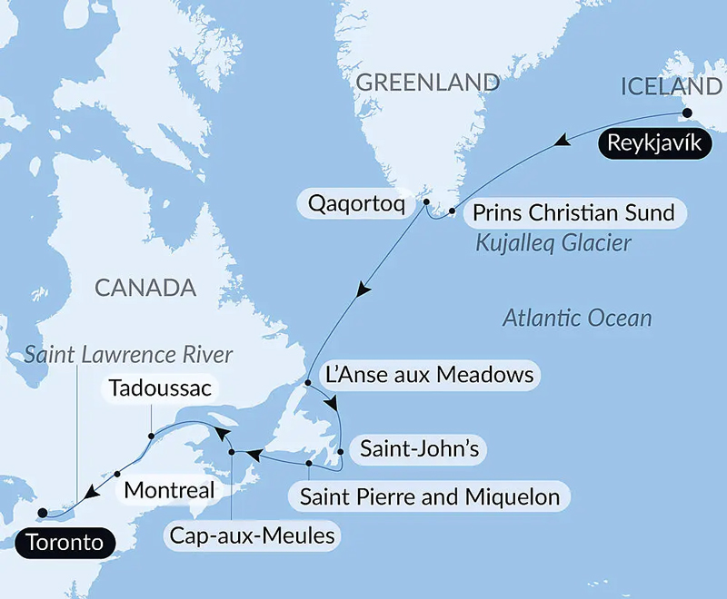 Route map of Exploration from Greenland to Canada via Saint Pierre & Miquelon cruise, from Reykjavik, Iceland to Toronto, Canada.