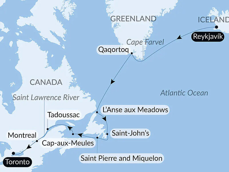 Route map of Exploration from Greenland to Canada via Saint Pierre & Miquelon cruise, from Reykjavik, Iceland to Toronto, Canada.