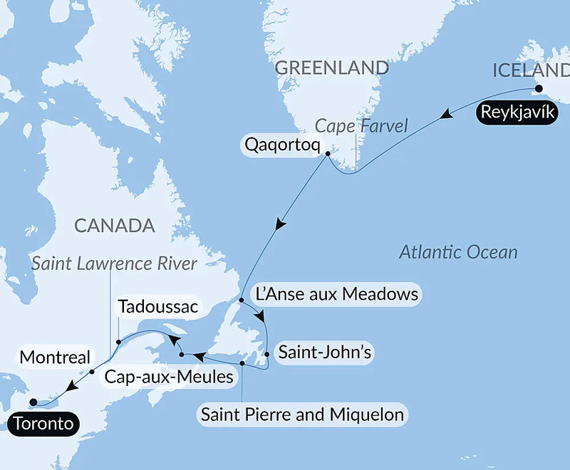 Route map of Exploration from Greenland to Canada via Saint Pierre & Miquelon cruise, from Reykjavik, Iceland to Toronto, Canada.