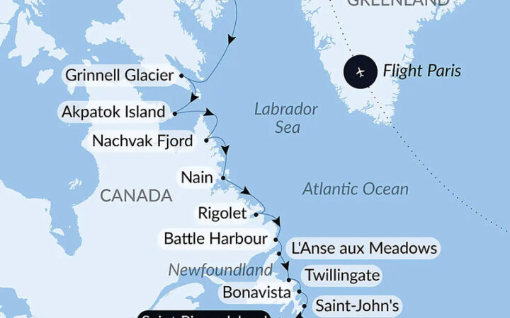 Route map of Wilderness from Greenland to the East Coast of Canada cruise, from Kangerlussuaq, Greenland to Saint Pierre Island, Canada, bookended by flights linking Paris, France & Montreal, Canada.