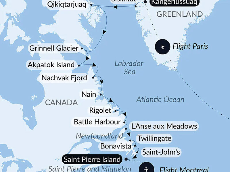 Route map of Wilderness from Greenland to the East Coast of Canada cruise, from Kangerlussuaq, Greenland to Saint Pierre Island, Canada, bookended by flights linking Paris, France & Montreal, Canada.