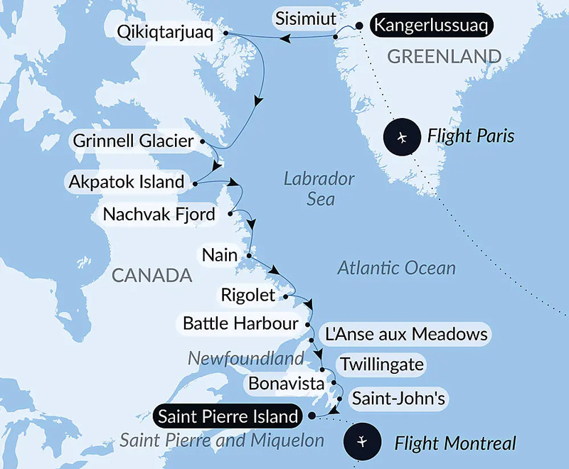 Route map of Wilderness from Greenland to the East Coast of Canada cruise, from Kangerlussuaq, Greenland to Saint Pierre Island, Canada, bookended by flights linking Paris, France & Montreal, Canada.