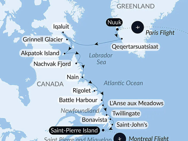 Route map of Wilderness from Greenland to the East Coast of Canada cruise, from Nuuk, Greenland to Saint Pierre Island, Canada, bookended by flights linking Paris, France & Montreal, Canada.