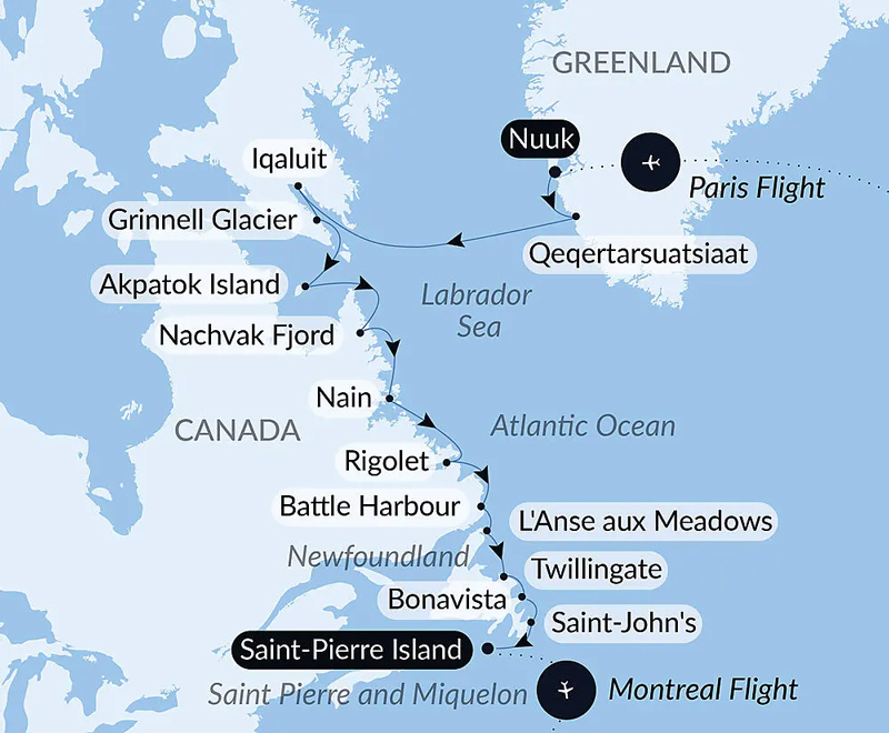 Route map of Wilderness from Greenland to the East Coast of Canada cruise, from Nuuk, Greenland to Saint Pierre Island, Canada, bookended by flights linking Paris, France & Montreal, Canada.