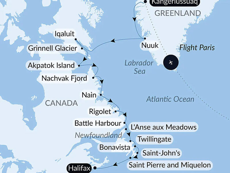 Route map of Wilderness from Greenland to the East Coast of Canada cruise, from Kangerlussuaq, Greenland to Halifax, Nova Scotia, Canada, starting with a flight from Paris, France.