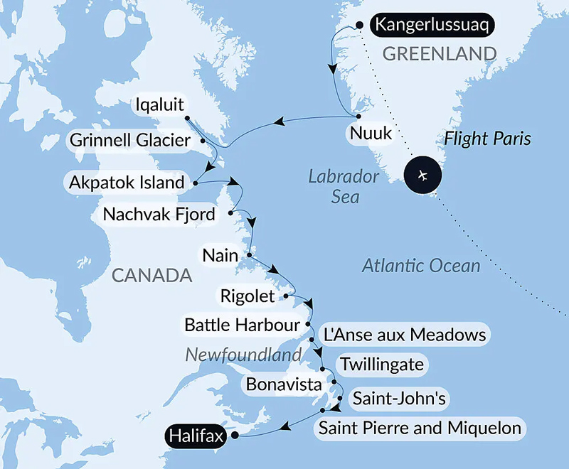 Route map of Wilderness from Greenland to the East Coast of Canada cruise, from Kangerlussuaq, Greenland to Halifax, Nova Scotia, Canada, starting with a flight from Paris, France.