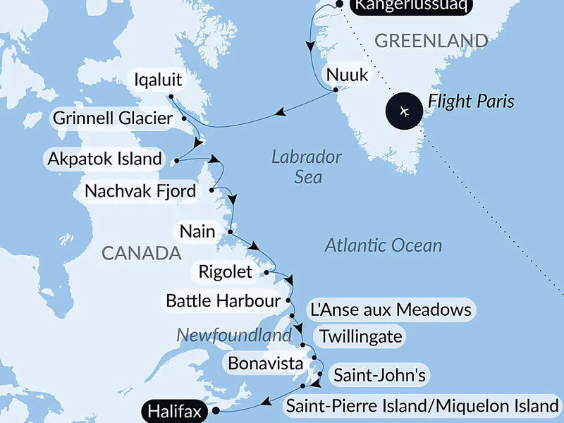 Route map of Wilderness from Greenland to the East Coast of Canada cruise, from Kangerlussuaq, Greenland to Halifax, Nova Scotia, Canada, starting with a flight from Paris, France.