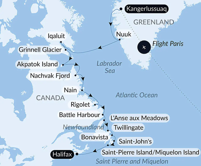 Route map of Wilderness from Greenland to the East Coast of Canada cruise, from Kangerlussuaq, Greenland to Halifax, Nova Scotia, Canada, starting with a flight from Paris, France.