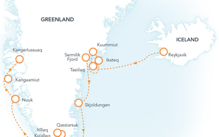 Route map of Greenland Explorer cruise from Reykjavik, Iceland to Kangerlussuaq, Greenland with visits along east, south & west Greenland.