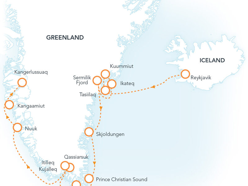 Route map of Greenland Explorer cruise from Reykjavik, Iceland to Kangerlussuaq, Greenland with visits along east, south & west Greenland.