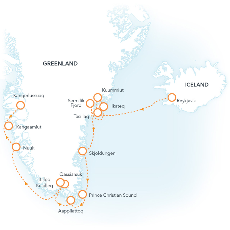 Route map of Greenland Explorer cruise from Reykjavik, Iceland to Kangerlussuaq, Greenland with visits along east, south & west Greenland.