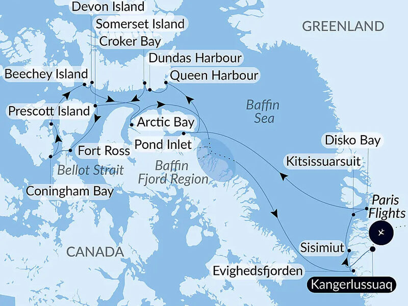 Route map of Heart of the Northwest Passage cruise round-trip from Kangerlussuaq, Greenland with bookend flights linking Paris, France.