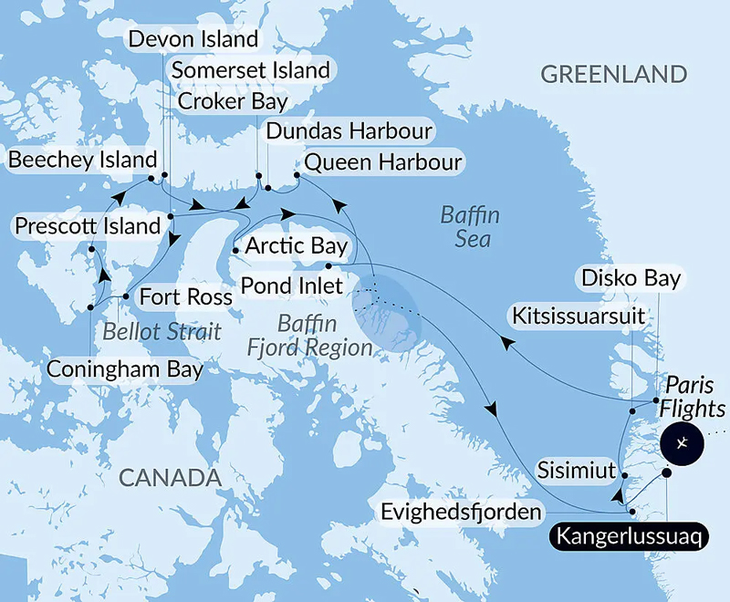 Route map of Heart of the Northwest Passage cruise round-trip from Kangerlussuaq, Greenland with bookend flights linking Paris, France.