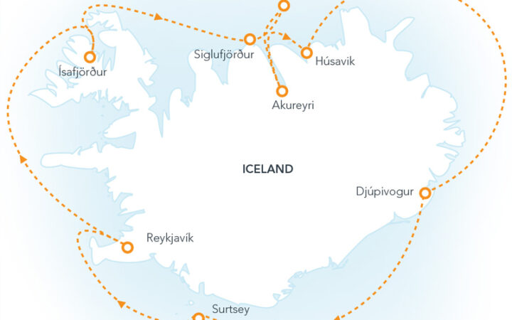 Route map of Highlights of Iceland circumnavigation cruise round-trip from Reykjavik in a clockwise route.
