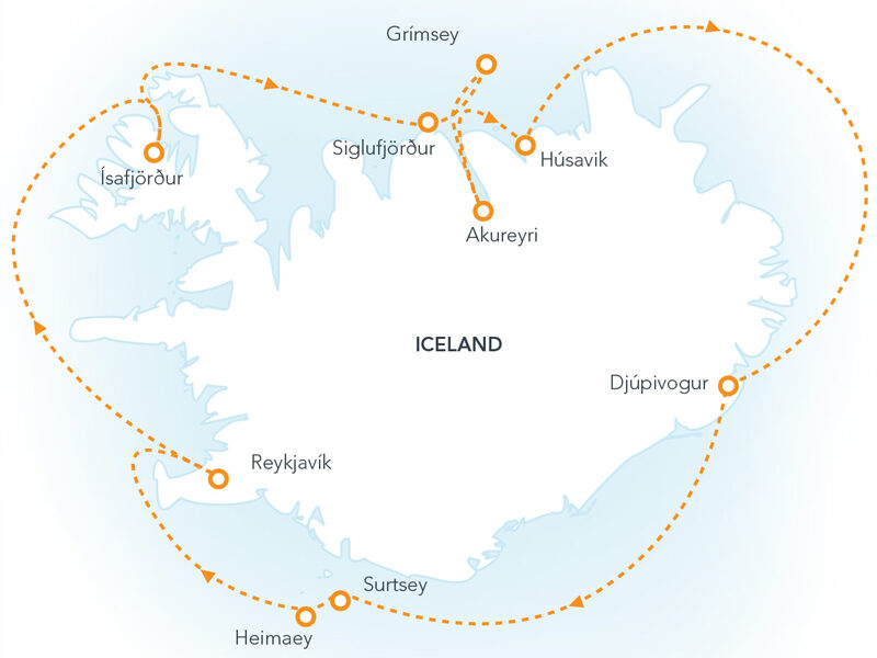 Route map of Highlights of Iceland circumnavigation cruise round-trip from Reykjavik in a clockwise route.