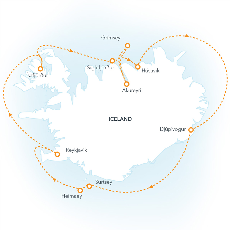 Route map of Highlights of Iceland circumnavigation cruise round-trip from Reykjavik in a clockwise route.