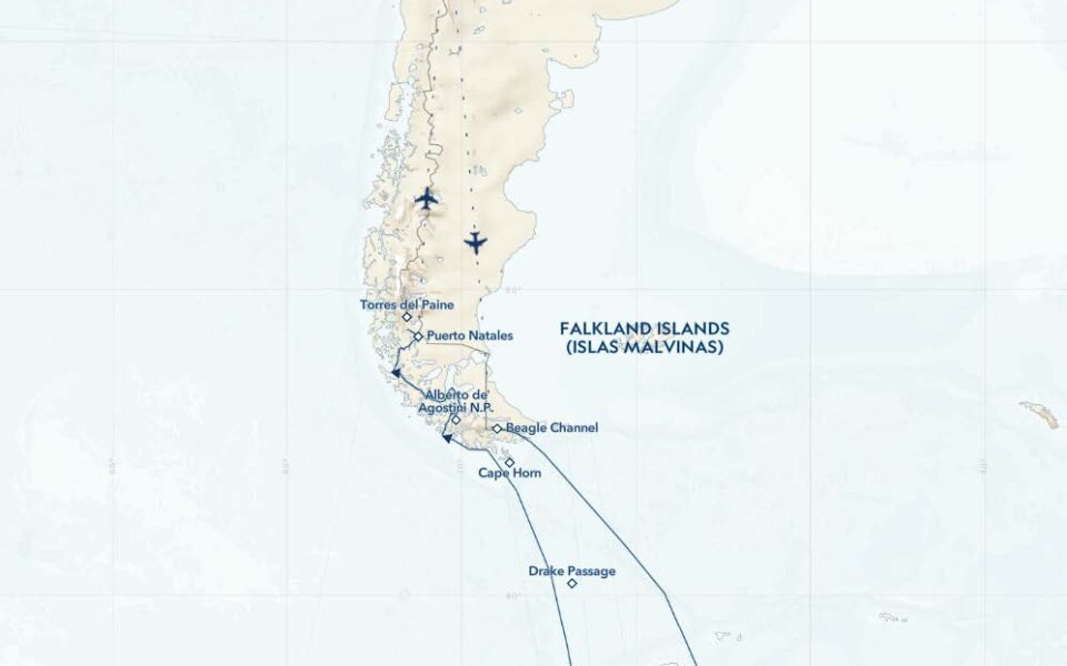 Route map of Patagonia to Antarctica cruise, operating via charter flights through Santiago, Chile and/or Buenos Aires, Argentina.