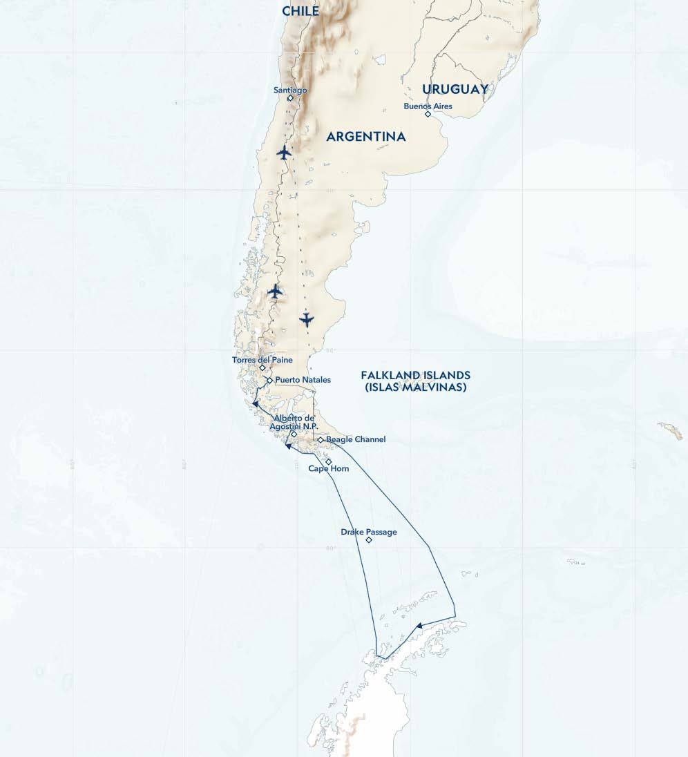 Route map of Patagonia to Antarctica cruise, operating via charter flights through Santiago, Chile and/or Buenos Aires, Argentina.