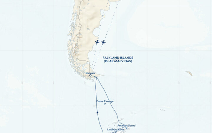 map of national geographic quest for the Antarctic circle shows each cruise stop along the 16 day cruise