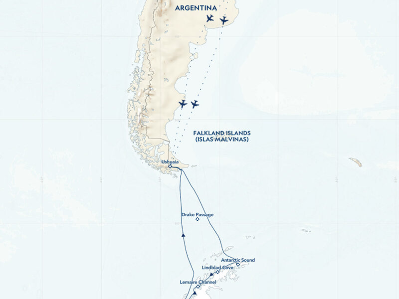 map of national geographic quest for the Antarctic circle shows each cruise stop along the 16 day cruise