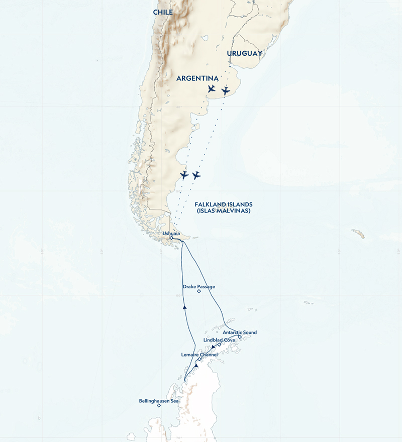 map of national geographic quest for the Antarctic circle shows each cruise stop along the 16 day cruise