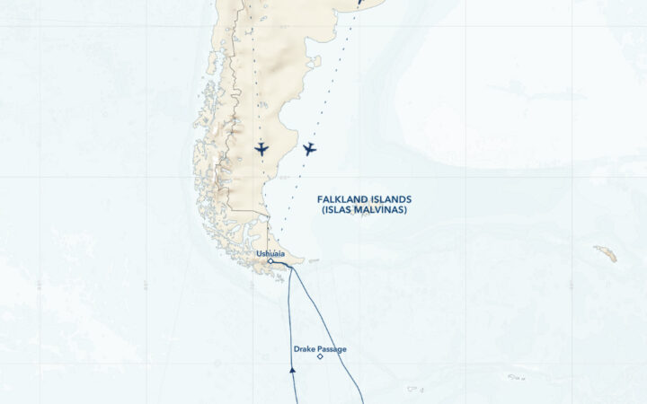 Route map of National Geographic The White Continent Antarctica small ship cruise, operating roundtrip from Ushuaia, Argentina, with stops along the Antarctic Peninsula.