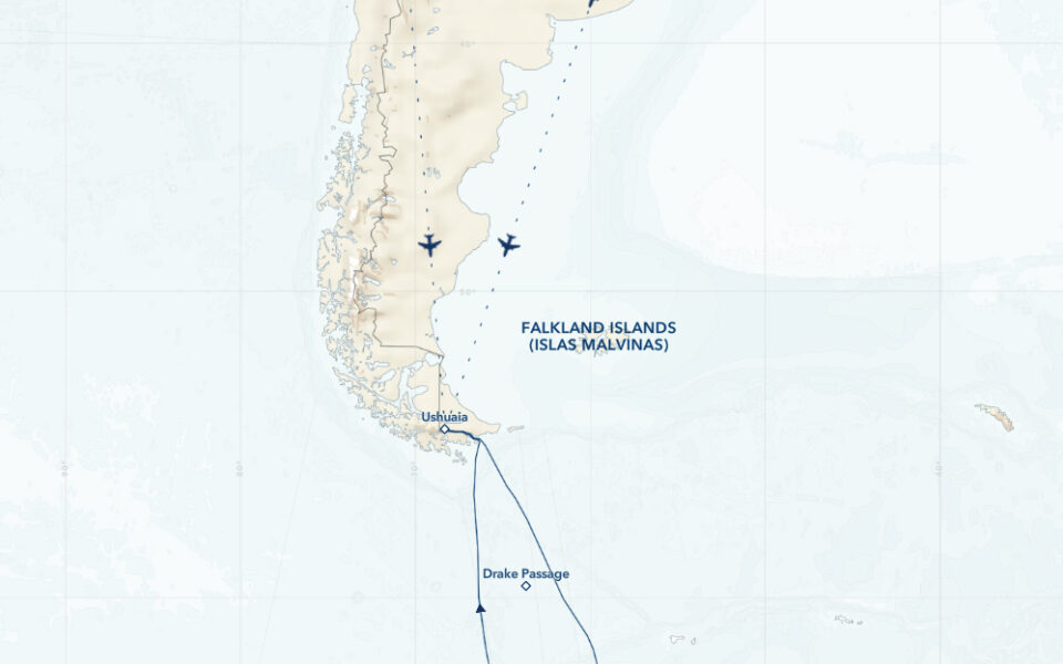 Route map of National Geographic The White Continent Antarctica small ship cruise, operating roundtrip from Ushuaia, Argentina, with stops along the Antarctic Peninsula.