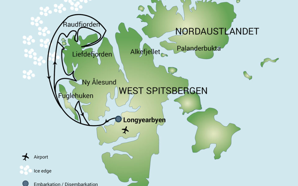 Route map of North Spitsbergen Basecampe cruise, round-trip from Longyearbyen, Svalbard with visits along the northwest coast.