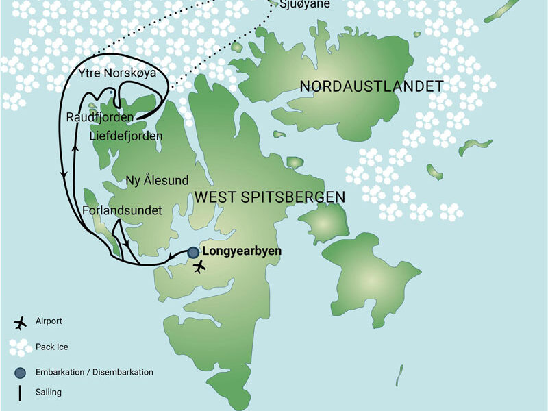 Route map of North Spitsbergen Explorer - Into the Pack Ice Arctic cruise around northwest Svalbard.