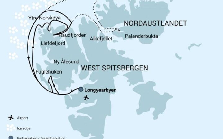 North Spitsbergen Arctic itinerary route map.