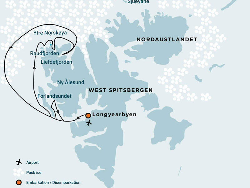Route map of North Spitsbergen-In Pursuit of the Bowhead Whale Arctic cruise around northwest Svalbard.