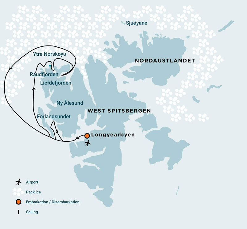 Route map of North Spitsbergen-In Pursuit of the Bowhead Whale Arctic cruise around northwest Svalbard.