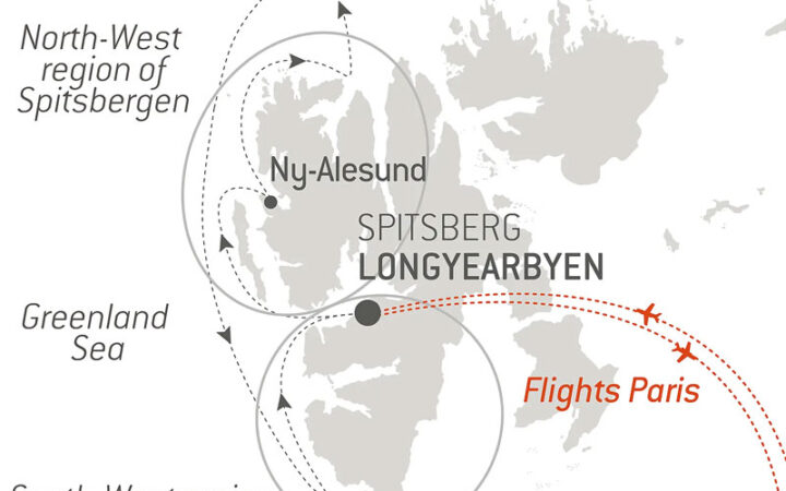 Route map of northbound Fjords & Glaciers of Spitsbergen Arctic voyage round-trip from Longyearbyen, Svalbard with bookend flights connecting to Paris, France.