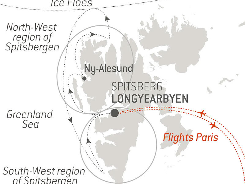Route map of northbound Fjords & Glaciers of Spitsbergen Arctic voyage round-trip from Longyearbyen, Svalbard with bookend flights connecting to Paris, France.