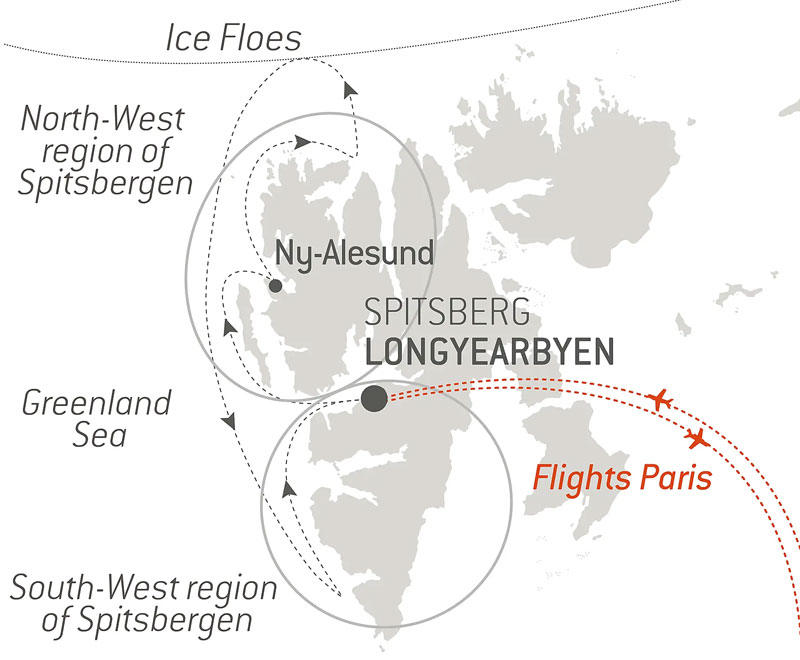 Route map of northbound Fjords & Glaciers of Spitsbergen Arctic voyage round-trip from Longyearbyen, Svalbard with bookend flights connecting to Paris, France.